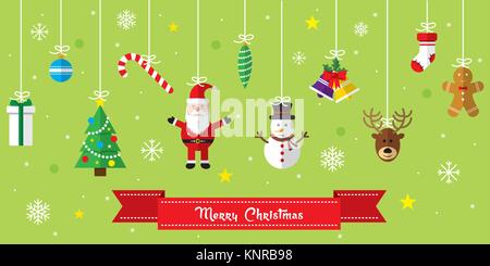 Merry Christmas background. Set of Christmas icons flat in vector illustration. Icon of bell, stocking, christmas tree, reindeer, present, Santa Claus Stock Vector