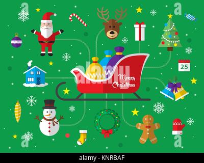Merry Christmas background. Set of Christmas icons flat in vector illustration. Icon of bell, stocking, christmas tree, reindeer, present, Santa Claus Stock Vector