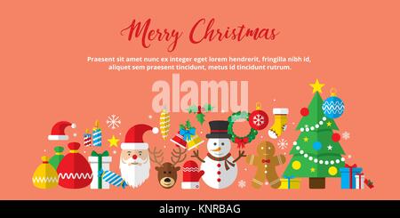 Merry Christmas background. Set of Christmas icons flat in vector illustration. Icon of bell, stocking, christmas tree, reindeer, present, Santa Claus Stock Vector