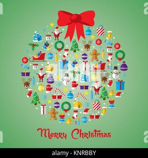 Christmas ball composed of new year icons and symbols. Decorated with star. Flat style art icons set isolated on green background. Stock Vector