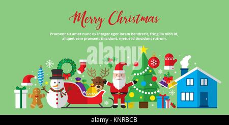 Merry Christmas background. Set of Christmas icons flat in vector illustration. Icon of bell, stocking, christmas tree, reindeer, present, Santa Claus Stock Vector