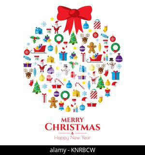 Christmas ball composed of new year icons and symbols. Decorated with star. Flat style art icons set isolated on white background. Stock Vector
