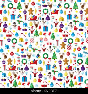 Christmas pattern composed of new year icons and symbols. Flat style art icons set isolated on white background. Stock Vector