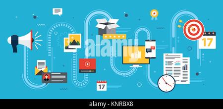 Advertising and marketing communication icons. Concepts for business marketing, analytics and strategy in social networks and social media. Flat desig Stock Vector