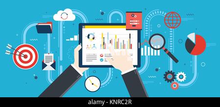 Flat design vector illustration concept of financial investment, analytics with growth report. Security and cloud data. Calculations and graphs of gai Stock Vector