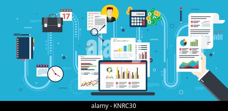 Report with investment data and graphs and growth on laptop screen and businessman hand. Calendar icon, calculator, money, briefcase and documents. Fl Stock Vector