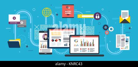 Tablet with performance analysis, laptop and internet screen with data, search icons and project management, application developments. Concept for suc Stock Vector