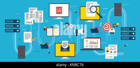 Computers and laptop accessing server files in network computers. Concepts cloud computing devices, data network and business intelligence. Flat vecto Stock Vector