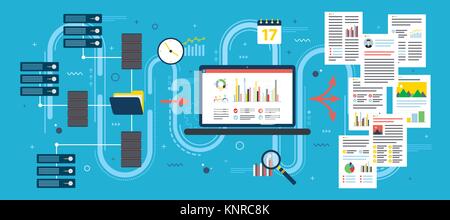 Laptop accessing server files in network and extract information. Concepts data mining or business intelligence processing for decision making. Flat v Stock Vector