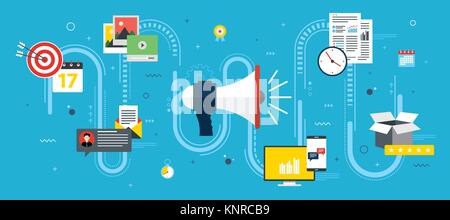 Advertising and marketing communication icons. Concepts for business marketing, analytics and strategy in social networks and social media. Flat desig Stock Vector