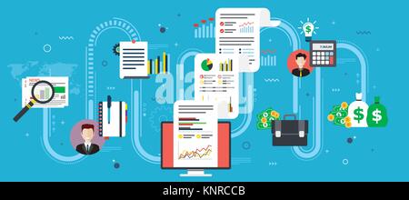 Report with investment data and graphs and growth on computer screen. Newspaper icon, calculator, money, briefcase and documents. Flat design vector i Stock Vector