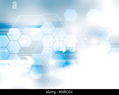 Blue blurred abstract background. Hexagons desing, arrows and rectangles shapes and technology symbols. Background with concept of technology, motion  Stock Vector