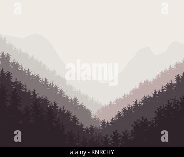 Vector retro illustration of a winter forest with snow and hazy backgrounds Stock Vector