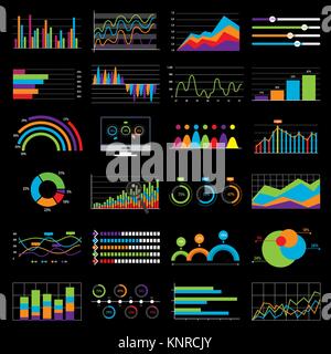 Business chart and graph data market. Elements bar pie charts diagrams and graphs flat icons in vector illustration. Black background. Stock Vector