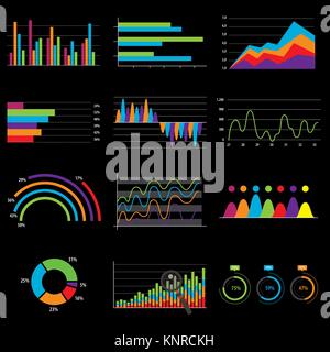 Business chart and graph data market. Elements bar pie charts diagrams and graphs flat icons in vector illustration. Black background. Stock Vector