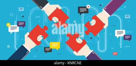 Hands holding puzzle pieces and and message icons with feedback texts. Concept of teamwork, cooperation, partnership, success, team, business, strateg Stock Vector