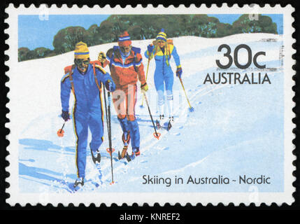 AUSTRALIA - CIRCA 1984:A Cancelled postage stamp from Australia illustrating Skiiing in Australia , issued in 1984. Stock Photo