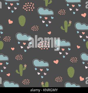 Seamless Pattern with cacti, hearts and clouds raining with hearts. Vector Illustration Stock Vector