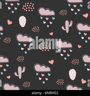 Seamless Pattern with cacti, hearts and clouds raining with hearts. Vector Illustration Stock Vector