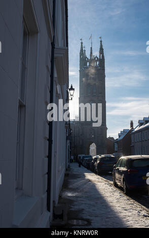 Town centre of Warwick, Warwickshire, in winter snow. Stock Photo