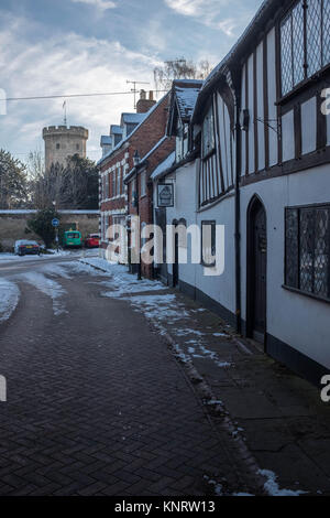 Town centre of Warwick, Warwickshire, in winter snow. Stock Photo