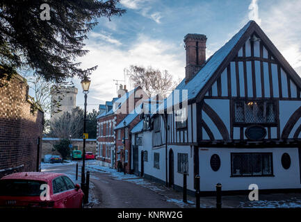 Town centre of Warwick, Warwickshire, in winter snow. Stock Photo