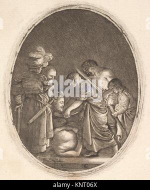 Salome receiving the head of John the Baptist, surrounded by three men and a child bearing a torch, the Baptist´s body lies on the ground, an oval