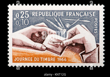 French postage stamp (1966)  : Journee du Timbre / Day of the Stamp 1966 - engraver at work Stock Photo