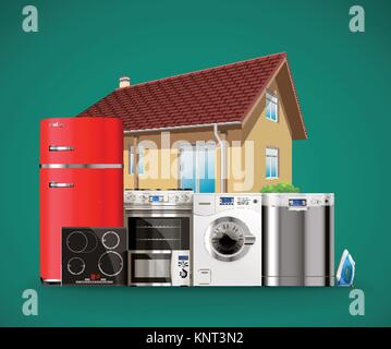 Kitchen and house appliances: microwave, washing machine, refrigerator, gas stove, dishwasher, iron.– stock illustration Stock Vector