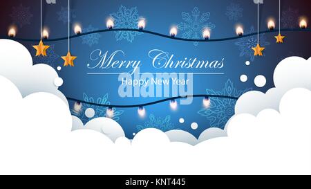 Merry christmas bulb yellow garland on the flakes background. Bulb, star, snow, cloud. Stock Vector