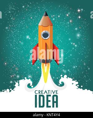 Creative idea concept - pencil as speed rocket climbing to the sky - wisdom and knowledge – stock illustration Stock Vector