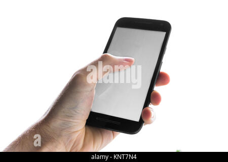 Hand Using Blank White Screen Cell Phone Press Finger Isolated Stock Photo