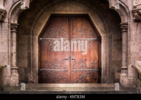 Old Reinforced Medieval Middle Ages Entrance Wooden Iron Doors Stone Castle Church Cathedral Staircase Dramatic Shadow Mysterious Stock Photo