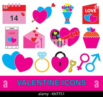 Valentine or Valentines Day set pack or collection Concept for love passion with hearts bouquet calendar postcard letter and mobile phone chocolate Stock Vector