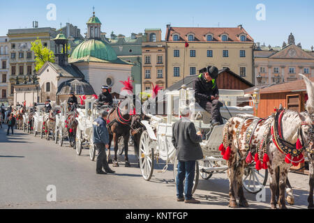 Krakow carriage Poland, view of horse-drawn carriages available for tours of the city of Krakow lined up in the city's Market Square, Poland. Stock Photo