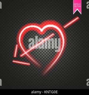 Bright neon heart. Heart sign with cupid arrow on dark transparent background. Neon glow effect. Stock Vector
