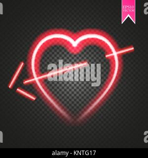 Bright neon heart. Heart sign with cupid arrow on dark transparent background. Neon glow effect. Stock Vector