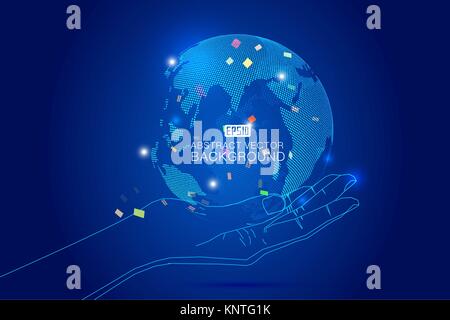 The holding of a three-dimensional abstract earth made of dots represents the global and international significance. Stock Vector
