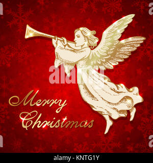 Golden Christmas angel blows into the trumpet. Hand drawn greeting card in vintage style. Merry Christmas lettering Stock Photo