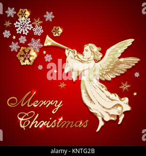 Golden vintage Christmas angel blows into the trumpet on a red background. Merry Christmas lettering Stock Photo