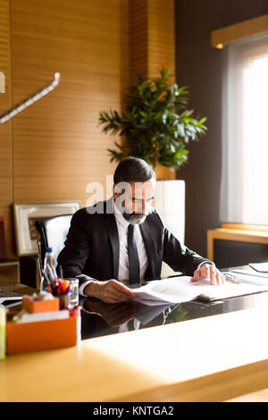 Senior businessman working on laptop in modern office at desk Stock Photo