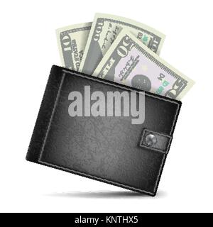 Full Wallet Vector. Black Color. Classic Modern Leather Wallet. Dollar Banknotes. Isolated Illustration Stock Vector