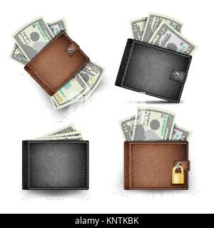 Wallet Set Vector. Dollar Banknotes. Realistic 3d Classic Brown And Black Leather Wallet. Locked With Padlock. Modern Finance Secure Concept. Isolated On White Background Illustration Stock Vector
