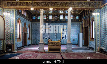 Interior of public mosque of Manial Palace of Prince Mohammed Ali Tewfik with wooden golden ornate ceilings, Cairo, Egypt Stock Photo