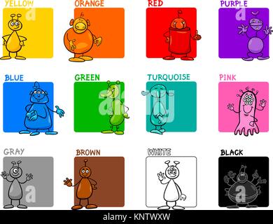 Cartoon Illustration of Main Colors with Fantasy Alien Characters Educational Set for Preschool Children Stock Vector