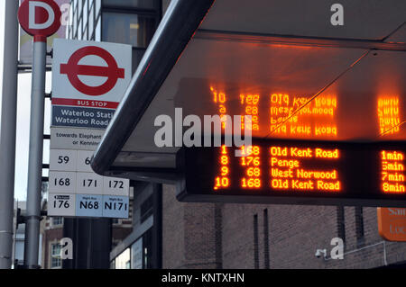 A TFL illuminated or LED bus departure board outside of waterloo
