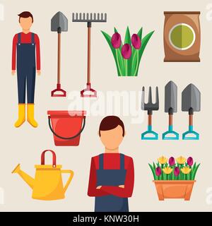 gardening set of icons gardener tools flowers sack fertilizer bucket Stock Vector