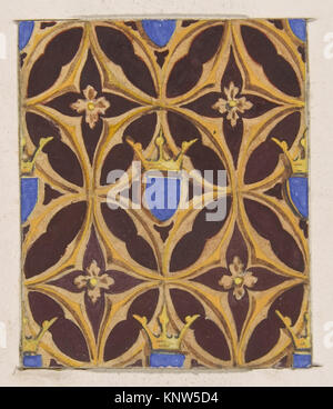 Wallpaper design with repeating motifs of blue shields topped with crowns, demonstrating heraldic symbolism and decorative art for interiors. Stock Photo