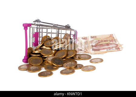 Stack of Turkish Lira banknotes and coins in shopping cart with money consuming and finance concept, isolated on white background. Stock Photo
