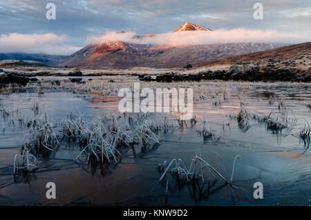 Rannoch Moor, Highlands of Scotland. This shot is taken at the very well-known Loch Ba, looking towards the Blackmount on a freezing December morning. Stock Photo